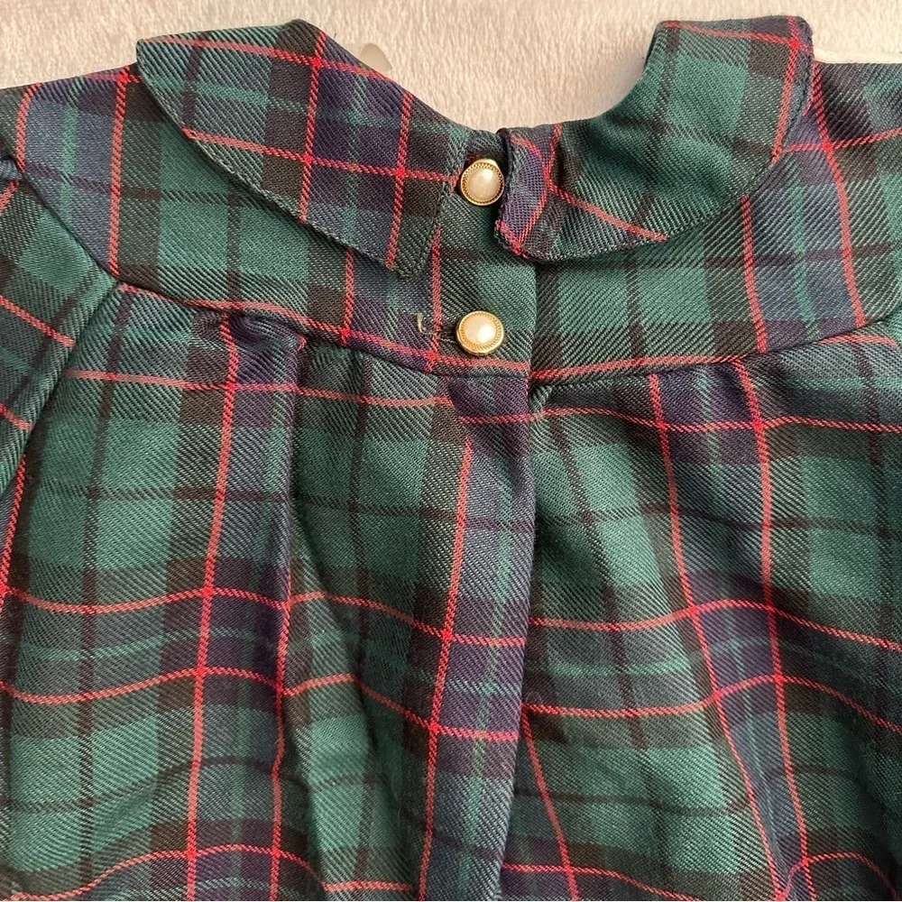 Vintage Saler Italy Wool Tartan Plaid Long Sleeve Bib Dress Toddler Girls 4 blue